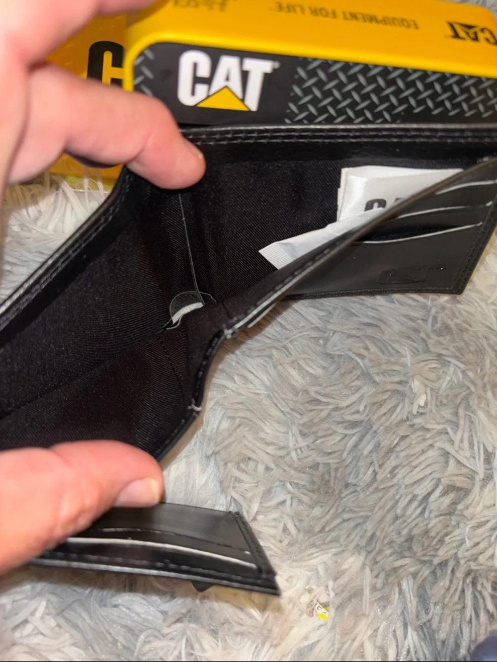 CAT Genuine Leather Black Tri-Fold Wallet with Yellow Tin RFID - Picture 4 of 7